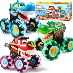 3 Pack Monster Truck Toy, Motion Activated Light-Up Cars ,Garbage Truck , Press & Go Cars for Boys Girls