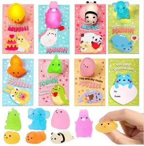 28 Packs Valentine's Day Gift Cards with Glitter Mochi Squishy Toys, Stress Relief Fidget Toys, Cute Squeeze