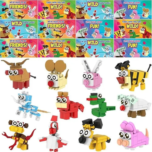 26pcs Building Blocks Animals Prefilled Hearts with Kids Valentines Cards 2025 Valentine Exchange Cards &24pcs