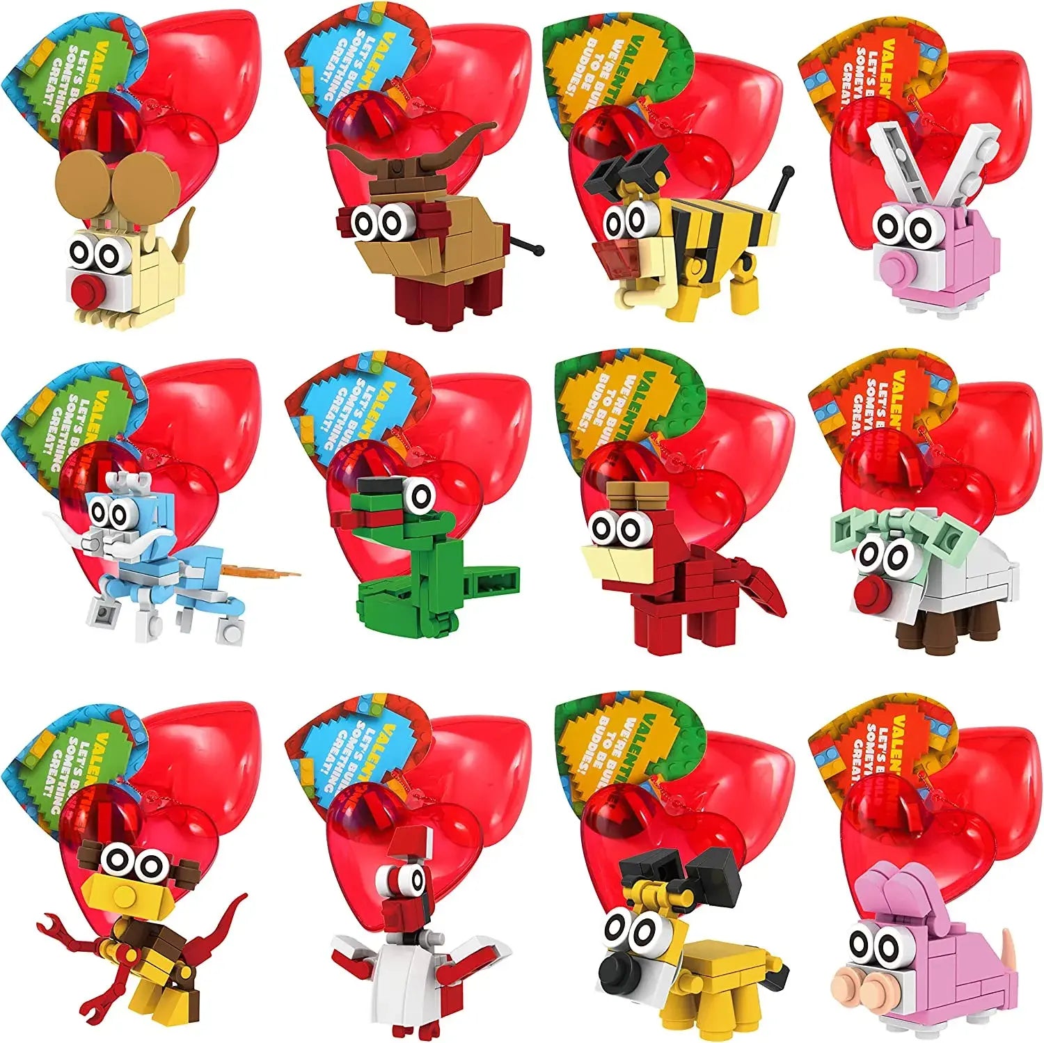 26pcs Building Blocks Animals Prefilled Hearts with Kids Valentines Cards 2025 Valentine Exchange Cards &24pcs