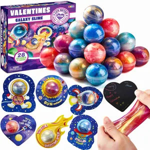 30Pcs Cosmic Realm Valentine Slime with Scratch-Off Cards and Galaxy Balls for Kids Classroom