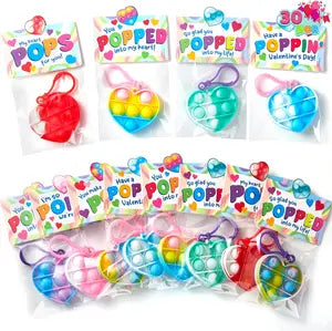 30 Packs Valentine’s Day Gift Cards with Heart Pop Bubble Keychain, Mini Pop Squeeze Toys, Stress Relief Fidget Toys