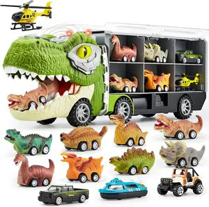 17inch 13 in 1 Dinosaur Transport Carrier Truck Set with 12 Pull Back Cars & 3 Die-cast Vehicles for Kid