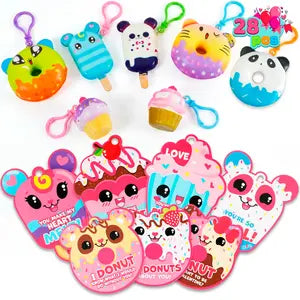 28Pcs&30pcs Dessert Squishy Toys Keychains with Kids Valentines Cards for Classroom