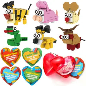 26pcs Building Blocks Animals Prefilled Hearts with Kids Valentines Cards 2025 Valentine Exchange Cards &24pcs